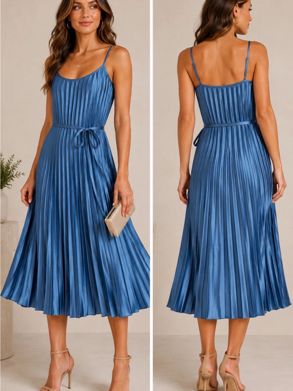Sam Edelman Satin Plissé Pleated Midi Dress Slate Blue NWT Medium